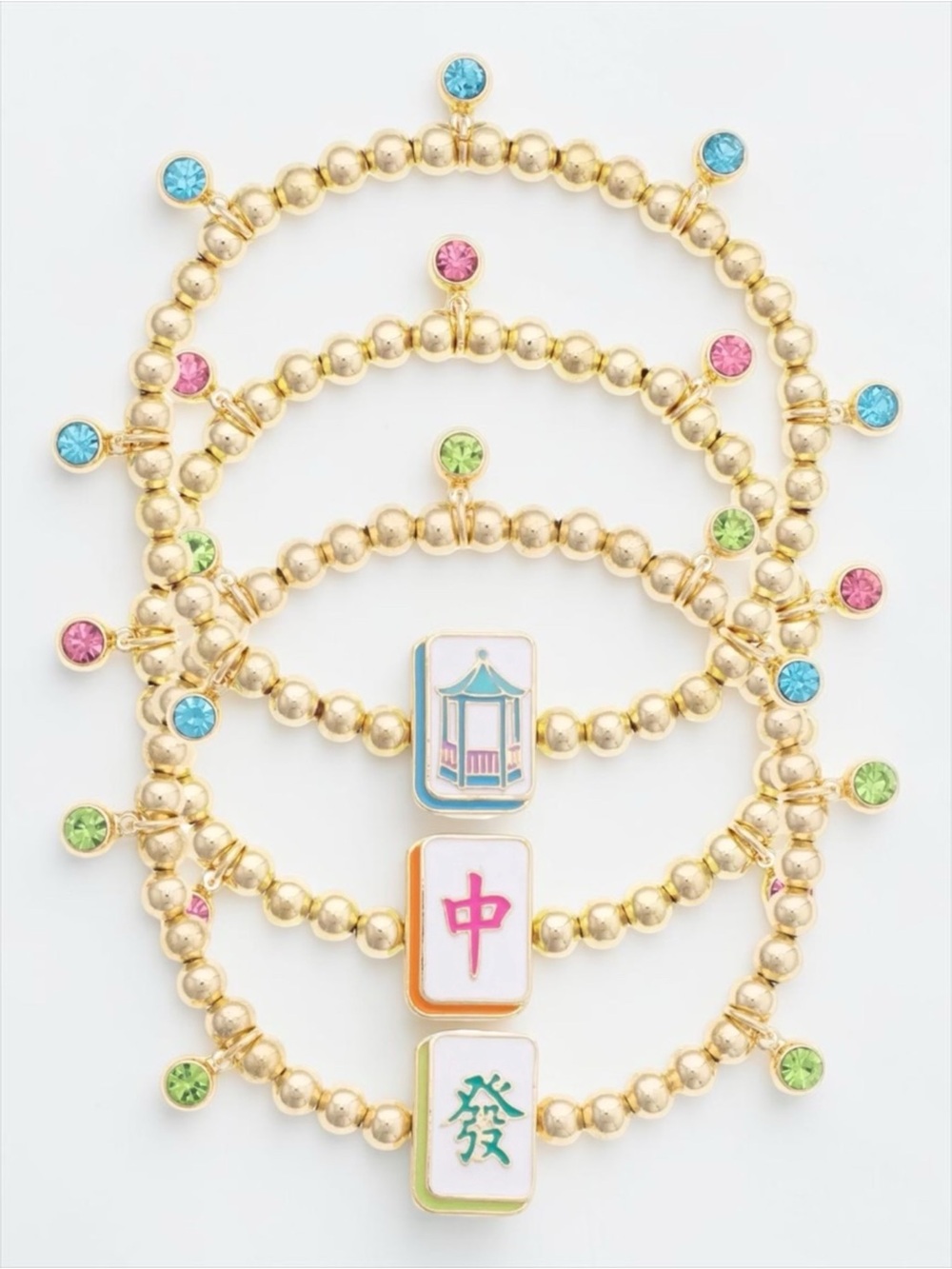 Mahjong Bracelet Stack Set of 3 Gold Beaded Charm Bracelets NWT